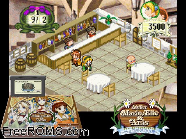 Marie, Elie And Anis No Atelier - Soyokaze Kara No Dengon (Japan) Gameboy Advance game showing 3D box cover and gameplay screenshot