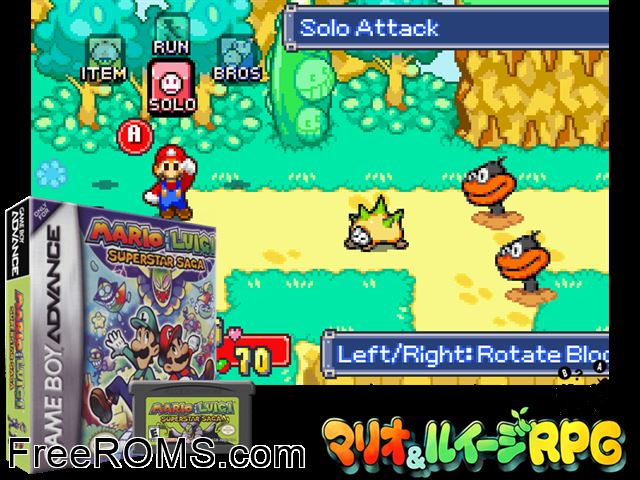 Mario And Luigi Superstar Saga Gameboy Advance game showing 3D box cover and gameplay screenshot