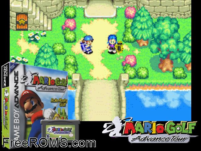 Mario Golf Advance Tour (Spain) Gameboy Advance game showing 3D box cover and gameplay screenshot