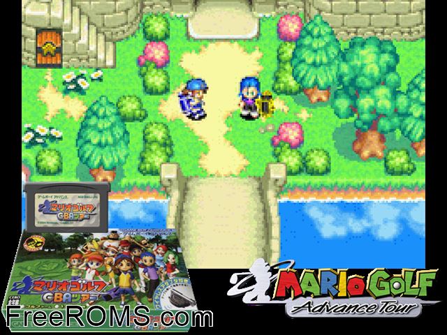 Mario Golf GBA Tour (Japan) Gameboy Advance game showing 3D box cover and gameplay screenshot