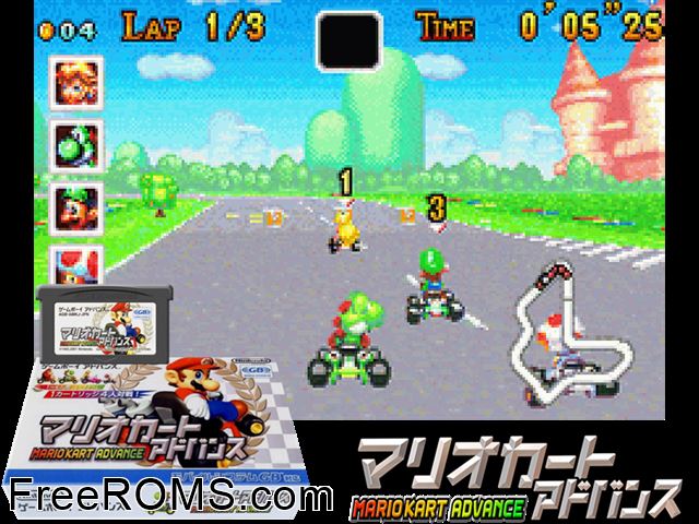 Mario Kart Advance (Japan) Gameboy Advance game showing 3D box cover and gameplay screenshot