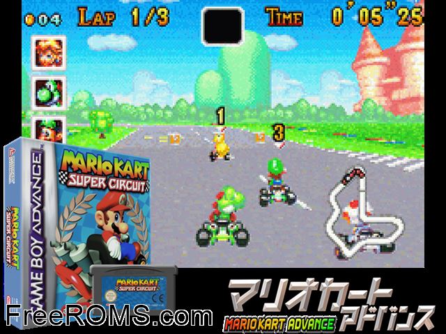 Mario Kart Super Circuit Gameboy Advance game showing 3D box cover and gameplay screenshot