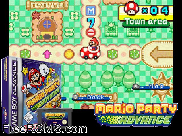 Mario Party Advance (Japan) Gameboy Advance game showing 3D box cover and gameplay screenshot