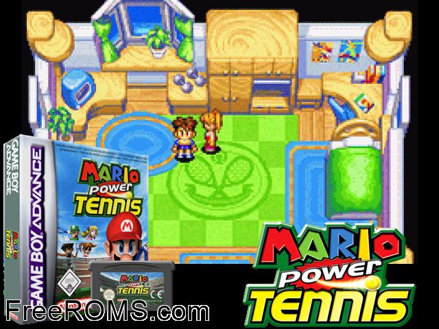 Mario Power Tennis Gameboy Advance game showing 3D box cover and gameplay screenshot