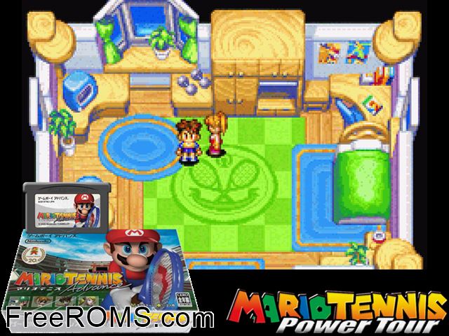 Mario Tennis Advance (Japan) Gameboy Advance game showing 3D box cover and gameplay screenshot