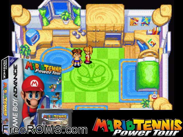 Mario Tennis Power Tour Gameboy Advance game showing 3D box cover and gameplay screenshot