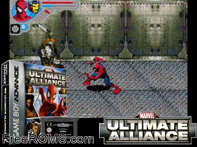 Marvel - Ultimate Alliance Gameboy Advance game showing 3D box cover and gameplay screenshot
