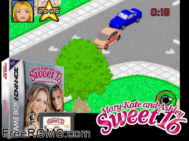 Mary-Kate And Ashley Sweet 16 - Licensed To Drive Gameboy Advance game showing 3D box cover and gameplay screenshot