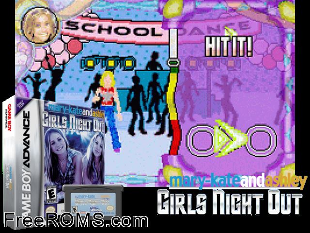 Mary-Kate And Ashley - Girls Night Out Gameboy Advance game showing 3D box cover and gameplay screenshot