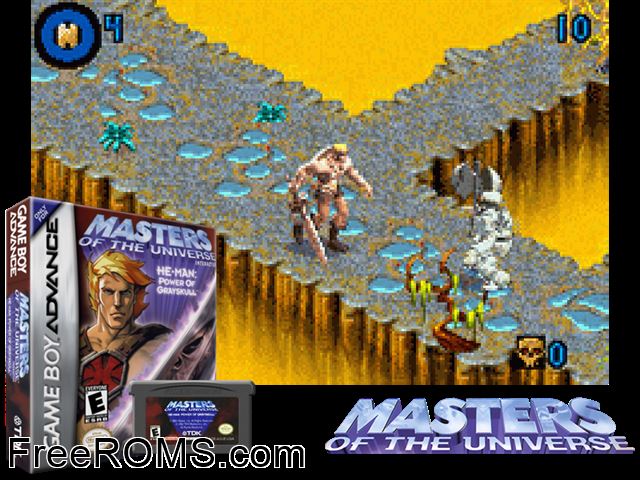 Masters Of The Universe He-Man - Power Of Grayskull Gameboy Advance game showing 3D box cover and gameplay screenshot
