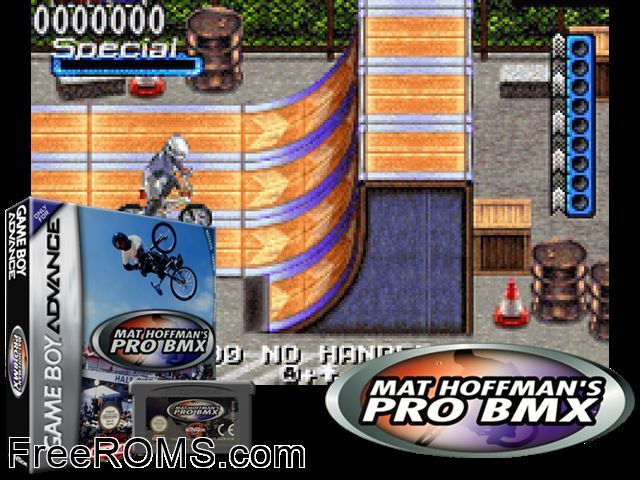 Mat Hoffman's Pro Bmx Gameboy Advance game showing 3D box cover and gameplay screenshot