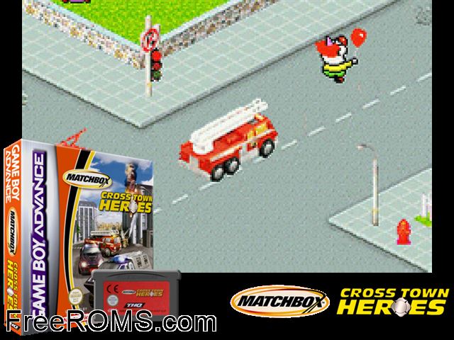 Matchbox Cross Town Heroes Gameboy Advance game showing 3D box cover and gameplay screenshot