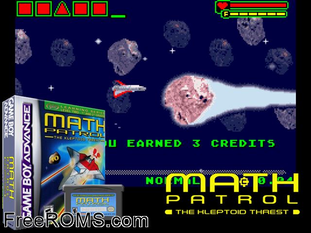 Math Patrol - The Kleptoid Threat Gameboy Advance game showing 3D box cover and gameplay screenshot