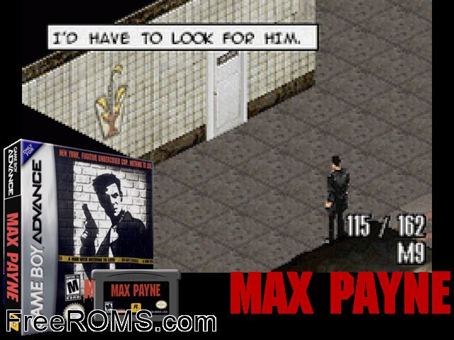 Max Payne Gameboy Advance game showing 3D box cover and gameplay screenshot