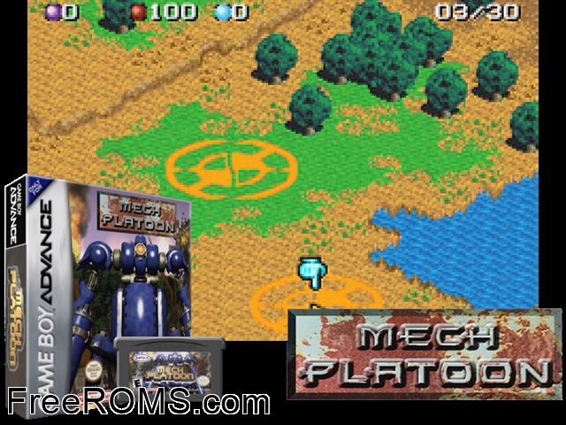 Mech Platoon Gameboy Advance game showing 3D box cover and gameplay screenshot