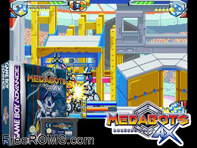 Medabots Ax - Rokusho Version Gameboy Advance game showing 3D box cover and gameplay screenshot