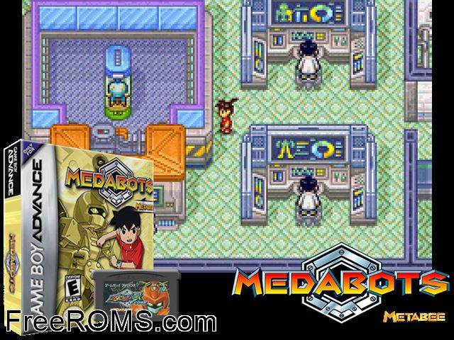 Medabots - Metabee Version Gameboy Advance game showing 3D box cover and gameplay screenshot
