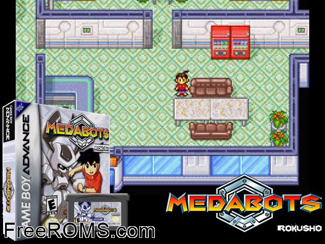 Medabots - Rokusho Version Gameboy Advance game showing 3D box cover and gameplay screenshot