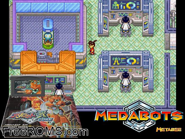 Medarot Ni Core - Kabuto Version (Japan) Gameboy Advance game showing 3D box cover and gameplay screenshot