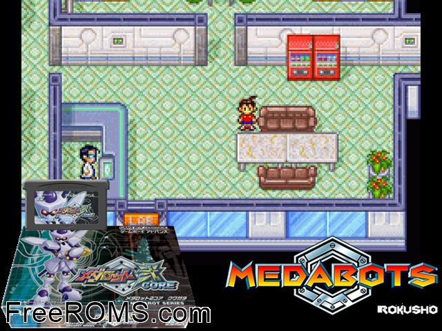 Medarot Ni Core - Kuwagata Version (Japan) Gameboy Advance game showing 3D box cover and gameplay screenshot