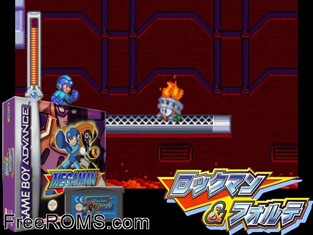 Megaman And Bass Gameboy Advance game showing 3D box cover and gameplay screenshot