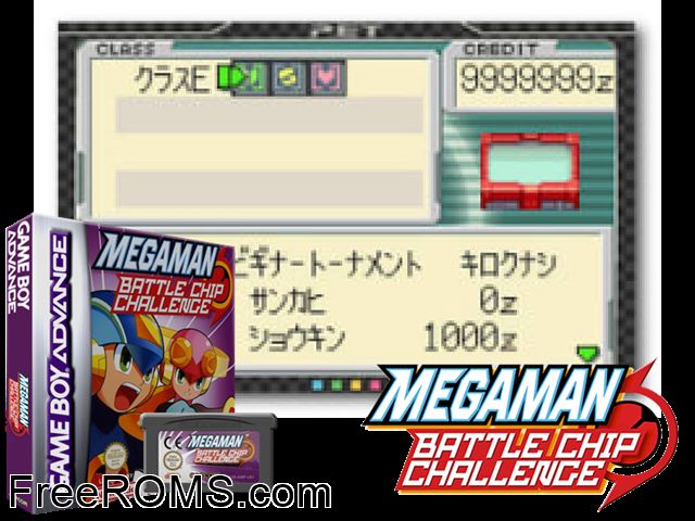 Megaman Battle Chip Challenge Gameboy Advance game showing 3D box cover and gameplay screenshot