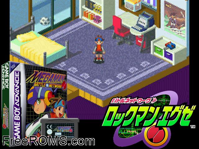Megaman Battle Network Gameboy Advance game showing 3D box cover and gameplay screenshot