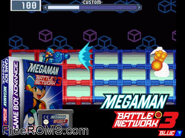 Megaman Battle Network 3 Blue Gameboy Advance game showing 3D box cover and gameplay screenshot