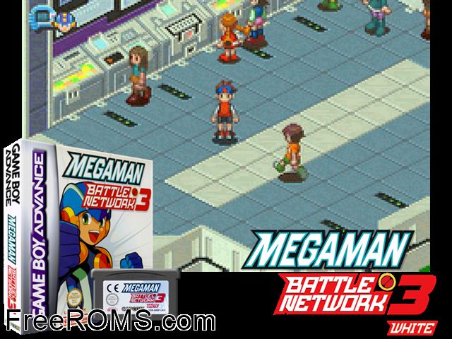Megaman Battle Network 3 White Gameboy Advance game showing 3D box cover and gameplay screenshot