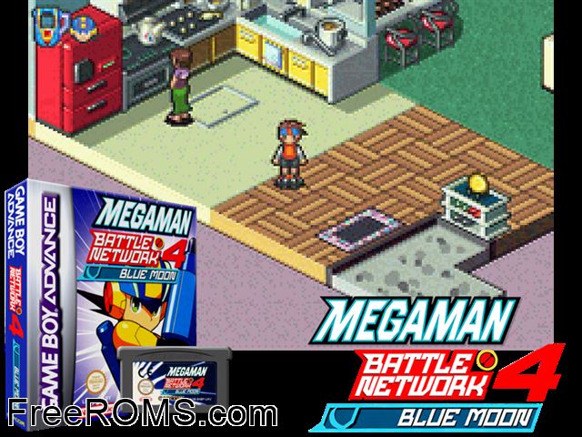 Megaman Battle Network 4 Blue Moon Gameboy Advance game showing 3D box cover and gameplay screenshot
