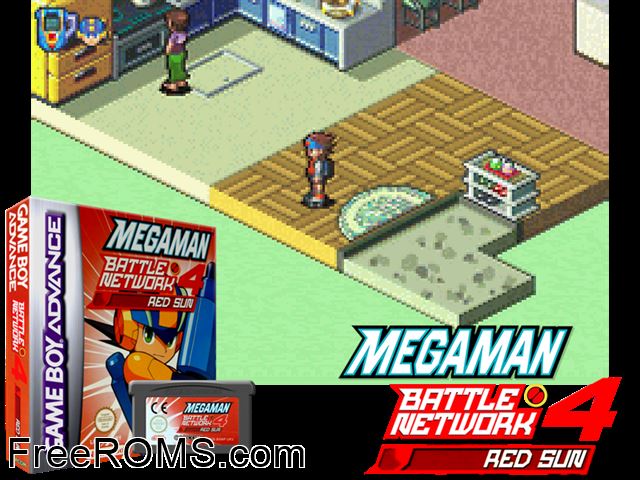 Megaman Battle Network 4 Red Sun Gameboy Advance game showing 3D box cover and gameplay screenshot