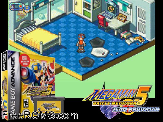 Megaman Battle Network 5 Team Protoman Gameboy Advance game showing 3D box cover and gameplay screenshot