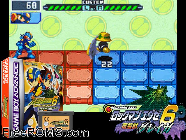 Megaman Battle Network 6 Cybeast Gregar Gameboy Advance game showing 3D box cover and gameplay screenshot