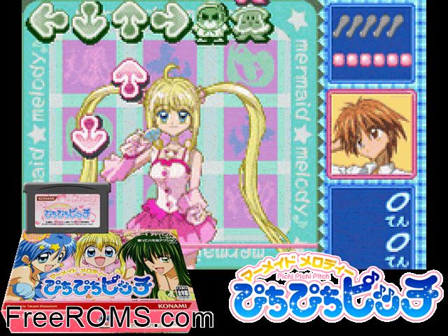 Mermaid Melody - Pichi Pichi Pitch (Japan) Gameboy Advance game showing 3D box cover and gameplay screenshot