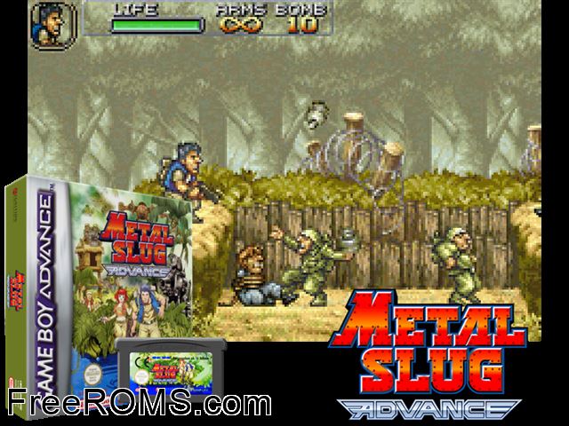 Metal Slug Advance Gameboy Advance game showing 3D box cover and gameplay screenshot