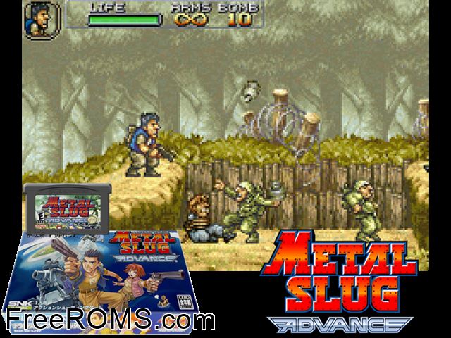 Metal Slug Advance (Japan) Gameboy Advance game showing 3D box cover and gameplay screenshot