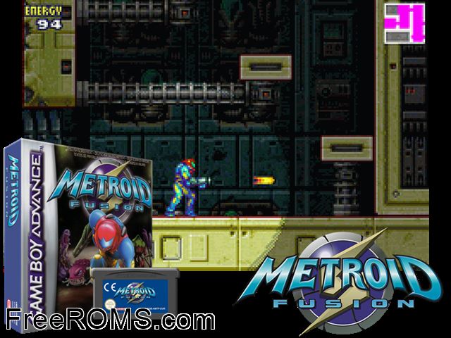 Metroid Fusion (Japan) Gameboy Advance game showing 3D box cover and gameplay screenshot
