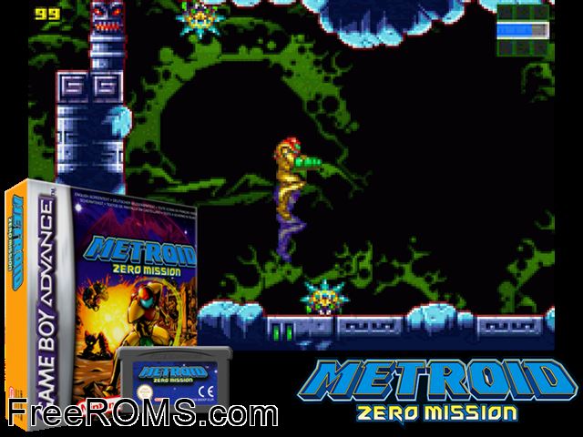 Metroid Zero Mission Gameboy Advance game showing 3D box cover and gameplay screenshot