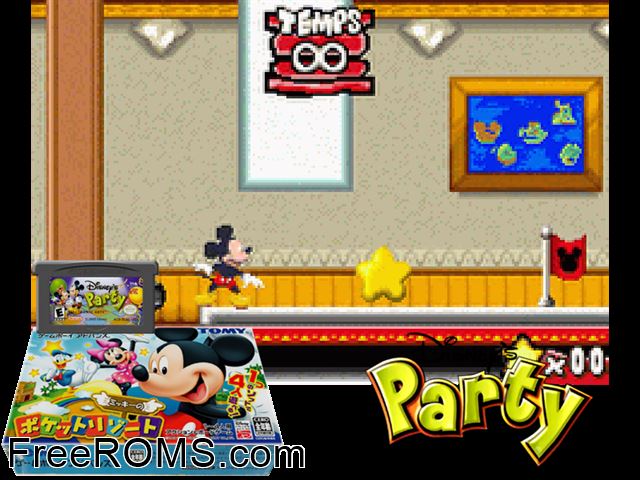 Mickey No Pocket Resort (Japan) Gameboy Advance game showing 3D box cover and gameplay screenshot