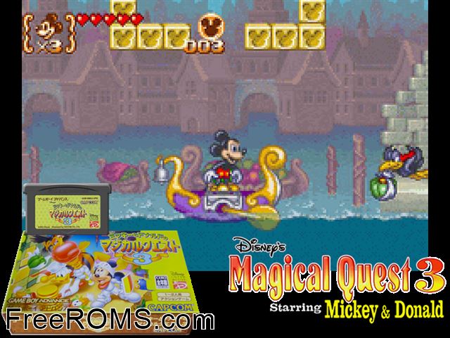 Mickey To Donald No Magical Quest 3 (Japan) Gameboy Advance game showing 3D box cover and gameplay screenshot
