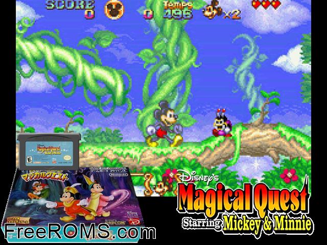 Mickey To Minnie No Magical Quest (Japan) Gameboy Advance game showing 3D box cover and gameplay screenshot