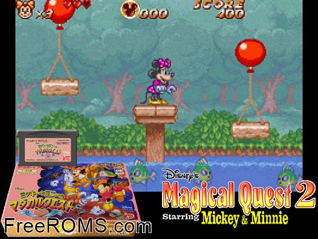 Mickey To Minnie No Magical Quest 2 (Japan) Gameboy Advance game showing 3D box cover and gameplay screenshot