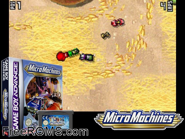 Micro Machines Gameboy Advance game showing 3D box cover and gameplay screenshot