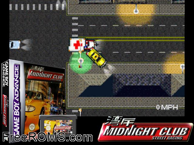 Midnight Club - Street Racing Gameboy Advance game showing 3D box cover and gameplay screenshot