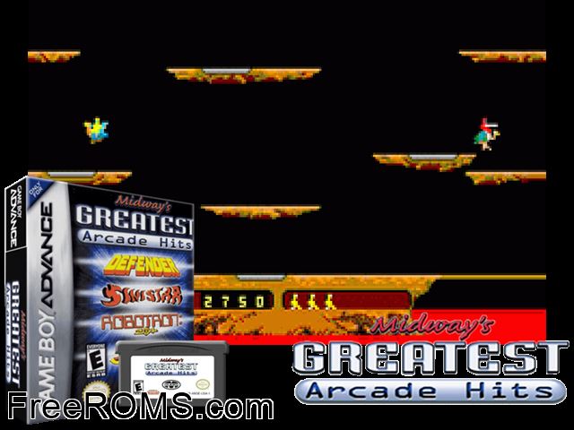 Midway's Greatest Arcade Hits Gameboy Advance game showing 3D box cover and gameplay screenshot