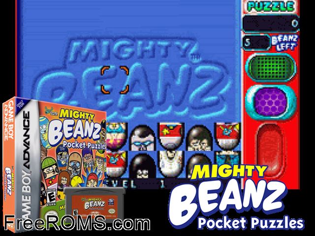 Mighty Beanz Pocket Puzzles Gameboy Advance game showing 3D box cover and gameplay screenshot