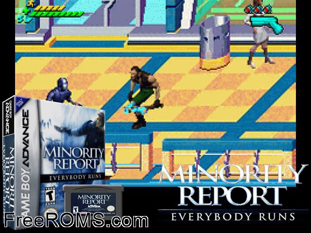 Minority Report - Everybody Runs Gameboy Advance game showing 3D box cover and gameplay screenshot