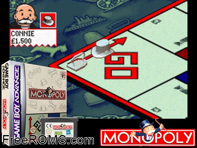 Monopoly Gameboy Advance game showing 3D box cover and gameplay screenshot