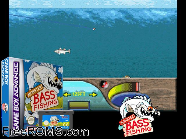 Monster! Bass Fishing Gameboy Advance game showing 3D box cover and gameplay screenshot