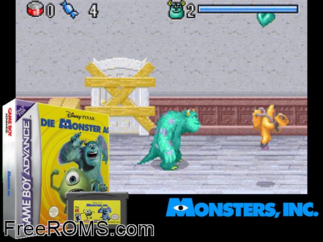 Monster Ag, Die (Germany) Gameboy Advance game showing 3D box cover and gameplay screenshot